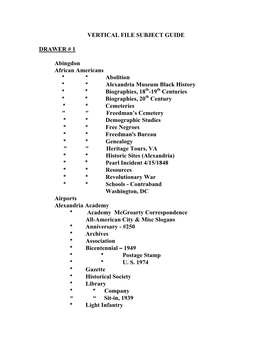 VERTICAL FILE SUBJECT GUIDE DRAWER # 1 Abingdon African Americans a a Abolition a a Alexandria Museum Black History a @ Biograph