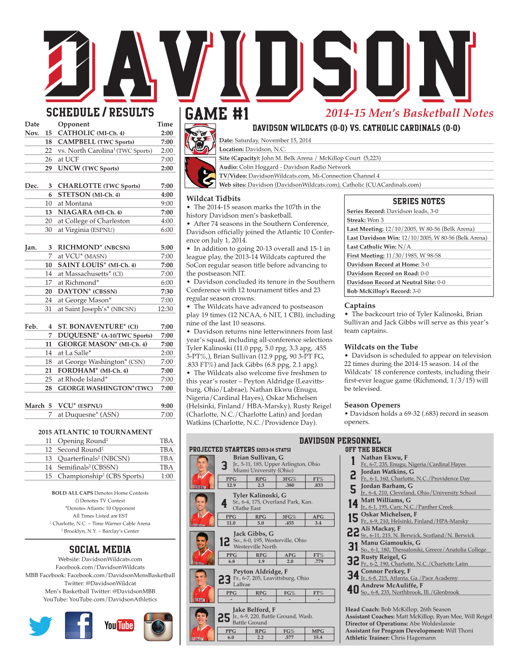 GAME #1 2014-15 Men’S Basketball Notes Date Opponent Time DAVIDSON WILDCATS (0-0) VS