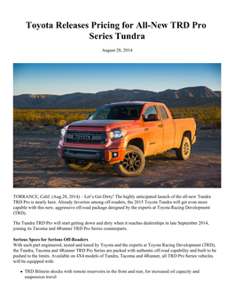 Toyota Releases Pricing for All-New TRD Pro Series Tundra