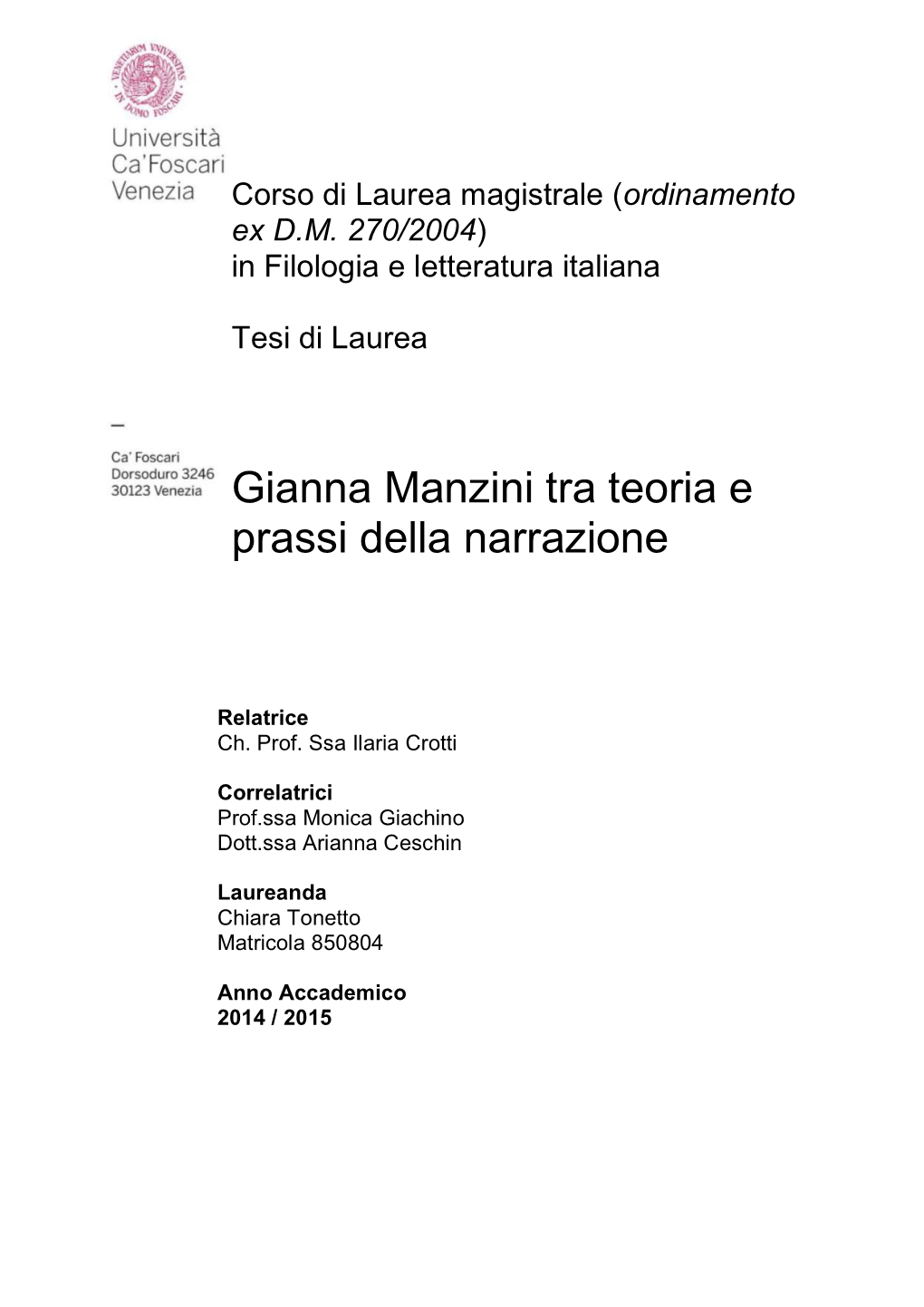 Gianna Manzini Tra Teoria E Prassi Della Narrazione