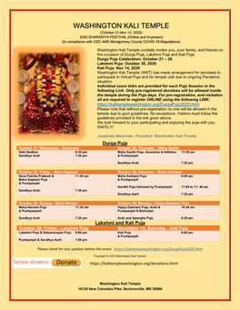 WASHINGTON KALI TEMPLE (October 21-Nov 14, 2020) 2020 SHARADIYA FESTIVAL (Online and In-Person) (In Compliance with CDC and Montgomery County COVID-19 Regulations)