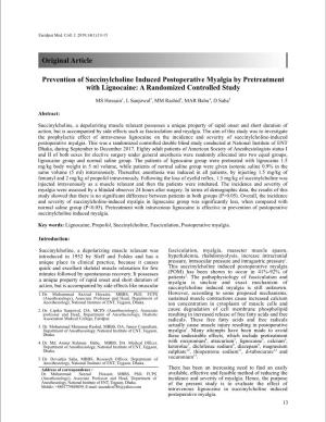 Prevention of Succinylcholine Induced Postoperative Myalgia by Pretreatment with Lignocaine: a Randomized Controlled Study