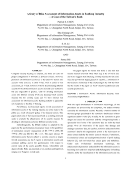 A Study of Risk Assessment of Information Assets in Banking Industry —A Case of the Taiwan’S Bank