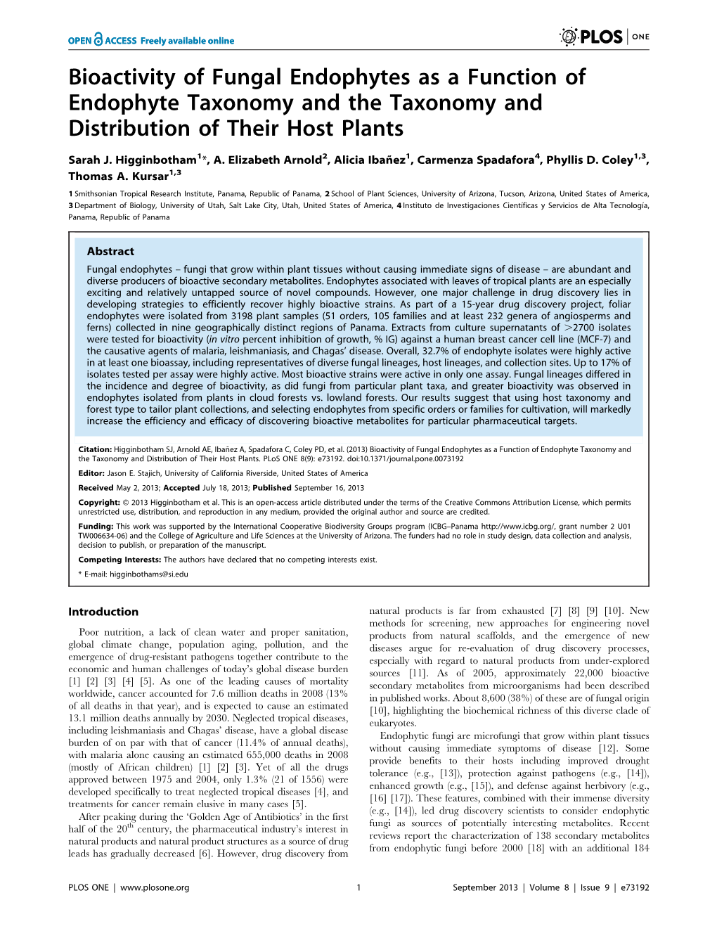 Bioactivity of Fungal Endophytes As a Function of Endophyte Taxonomy and the Taxonomy and Distribution of Their Host Plants