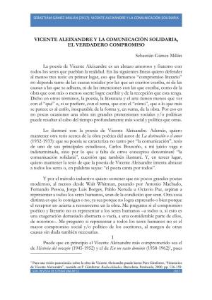 Sebastiám Gámez Millán (2917): Vicente Aleixandre Y La Comunicación Solidaria
