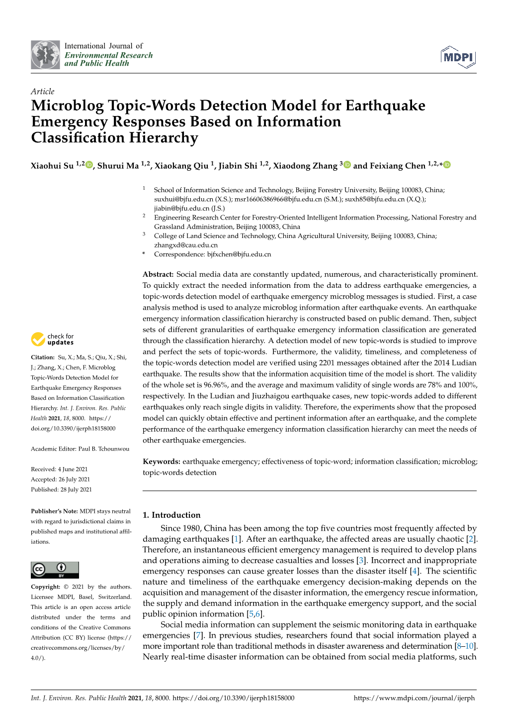 Microblog Topic-Words Detection Model for Earthquake Emergency Responses Based on Information Classiﬁcation Hierarchy