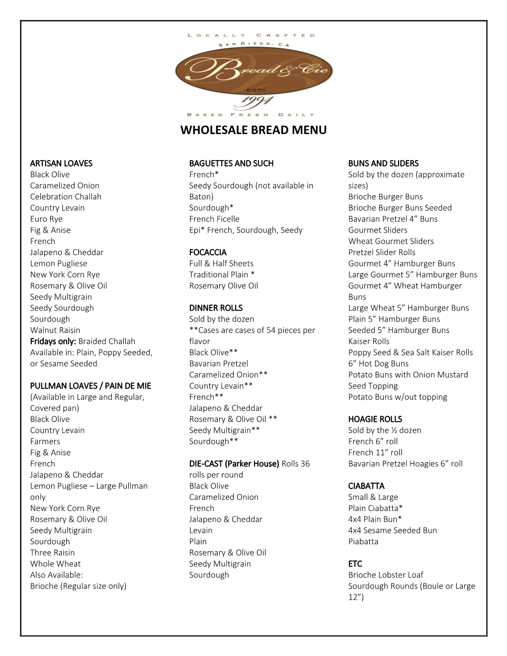 Wholesale Bread Menu