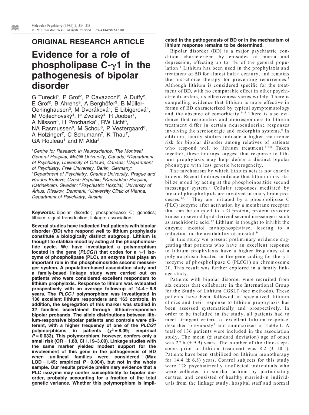 Evidence for a Role of Phospholipase C- 1 in the Pathogenesis of Bipolar