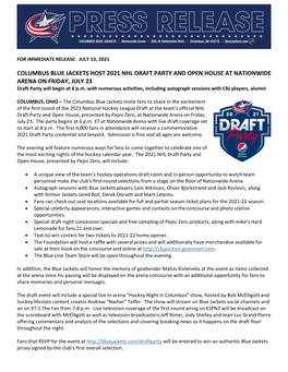 COLUMBUS BLUE JACKETS HOST 2021 NHL DRAFT PARTY and OPEN HOUSE at NATIONWIDE ARENA on FRIDAY, JULY 23 Draft Party Will Begin at 6 P.M