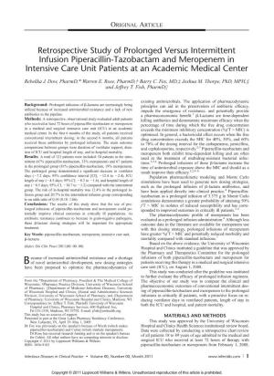 Retrospective Study of Prolonged Versus Intermittent Infusion Piperacillin-Tazobactam and Meropenem in Intensive Care Unit Patients at an Academic Medical Center