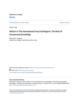 Reform in the International Food Aid Regime: the Role of Consensual Knowledge