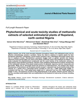 Phytochemical and Acute Toxicity Studies of Methanolic Extracts of Selected Antimalarial Plants of Nupeland, North Central Nigeria