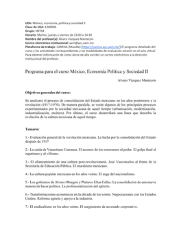 Programa Para El Curso México, Economía Política Y Sociedad II