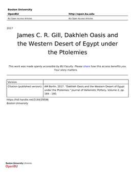 James C. R. Gill, Dakhleh Oasis and the Western Desert of Egypt Under the Ptolemies