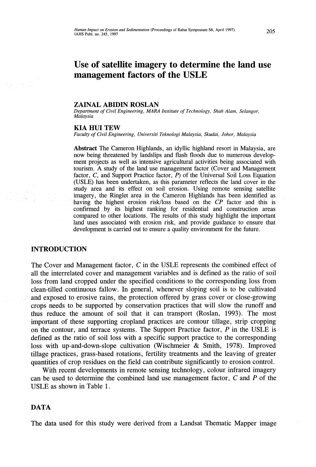 Use of Satellite Imagery to Determine the Land Use Management Factors of the USLE