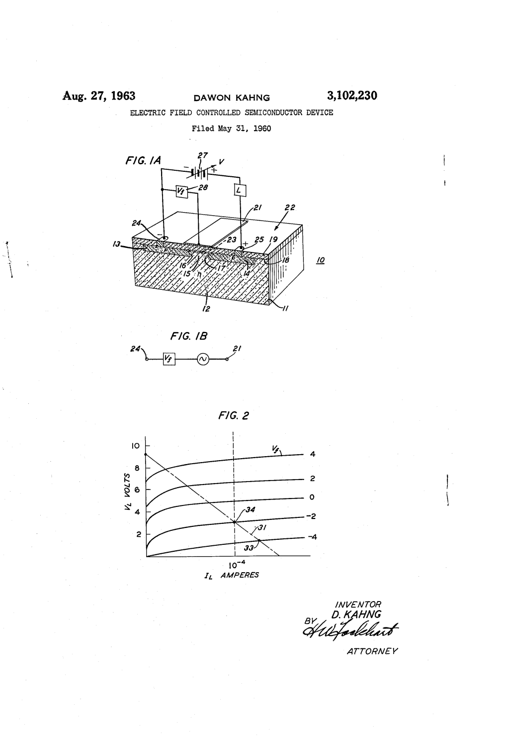 Aug. 27, 1963 DAWON KAHNG 3,102,230 ELECTRIC FIELD CONTROLLED SEMICONDUCTOR DEVICE Filed May 31, 1960