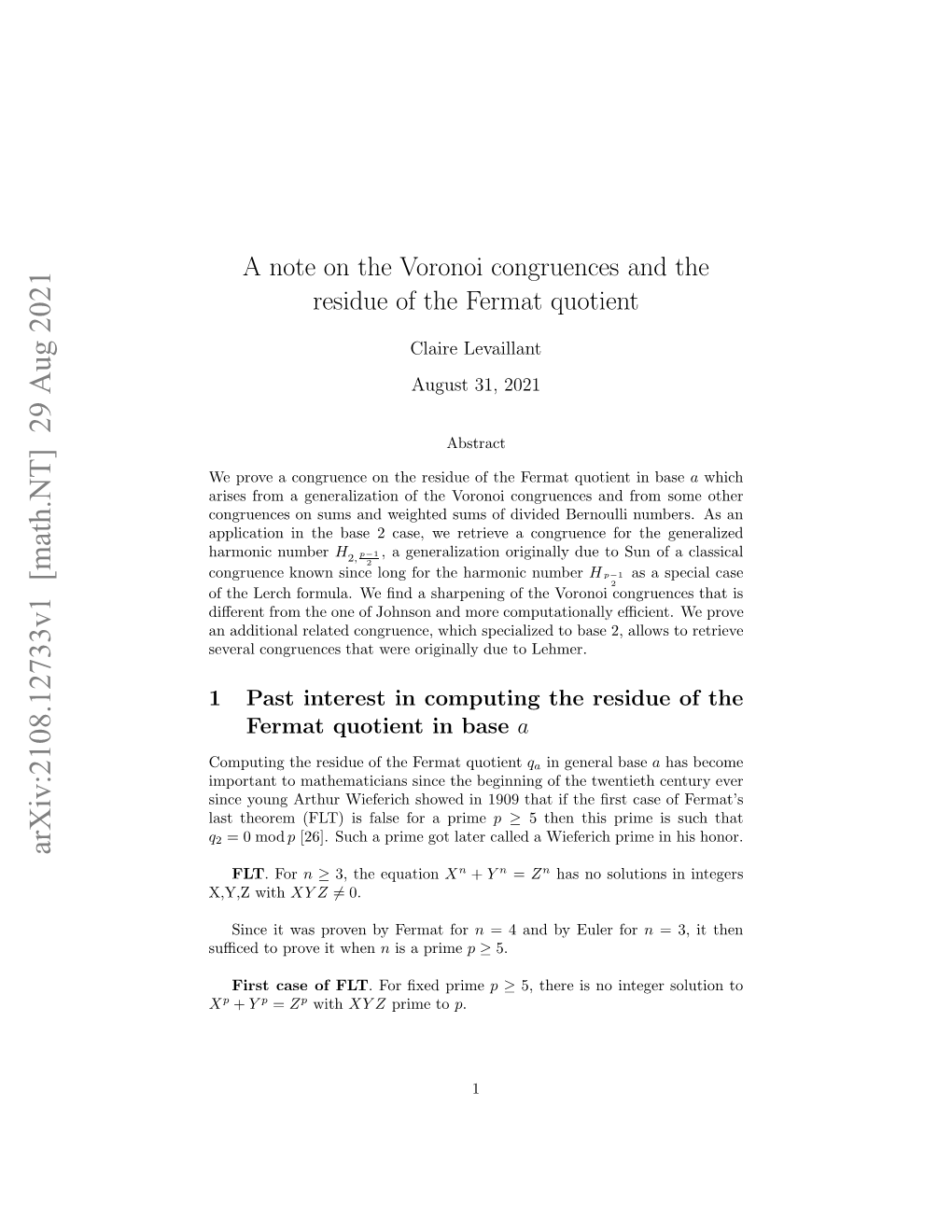 A Note on the Voronoi Congruences and the Residue of the Fermat Quotient