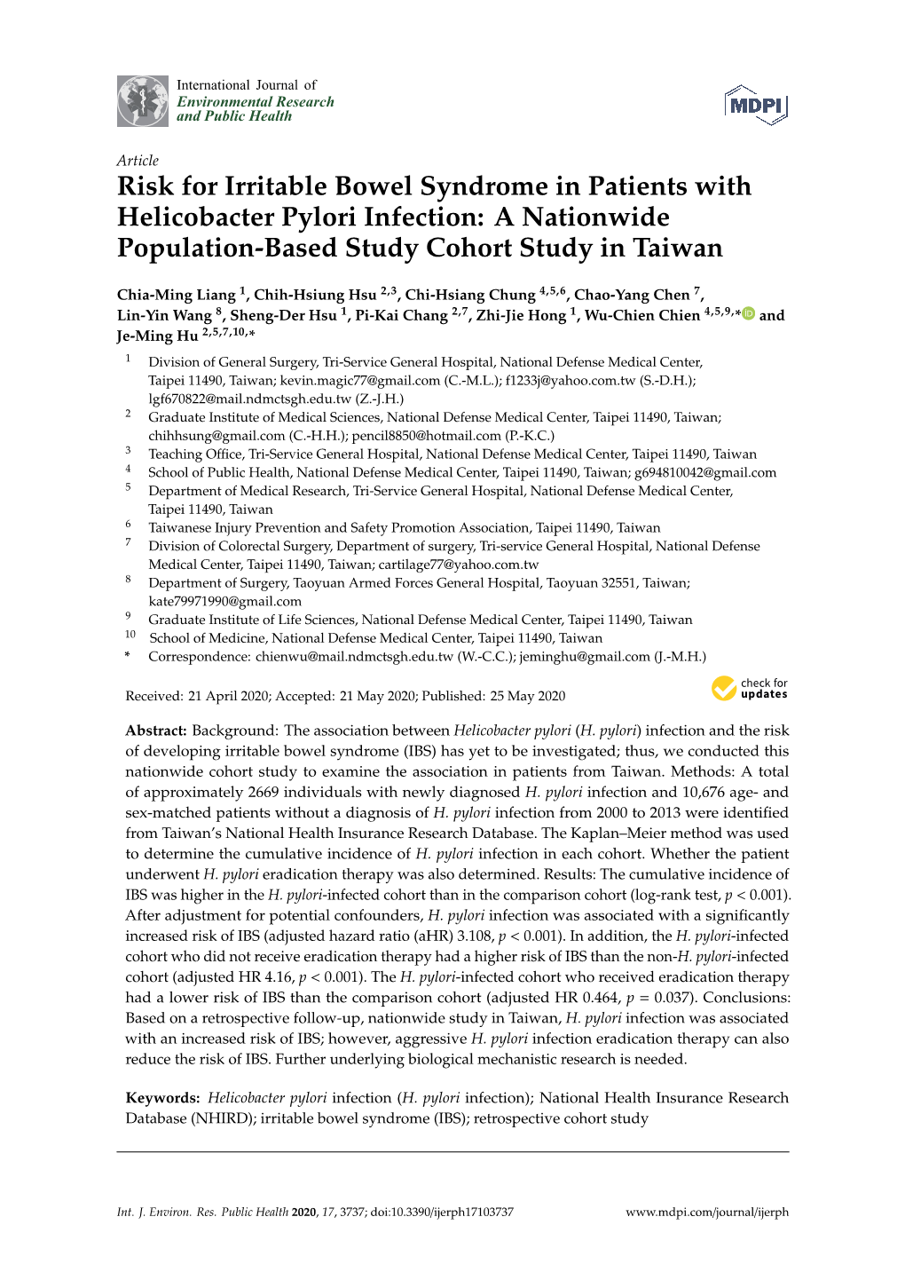 Risk for Irritable Bowel Syndrome in Patients with Helicobacter Pylori Infection: a Nationwide Population-Based Study Cohort Study in Taiwan