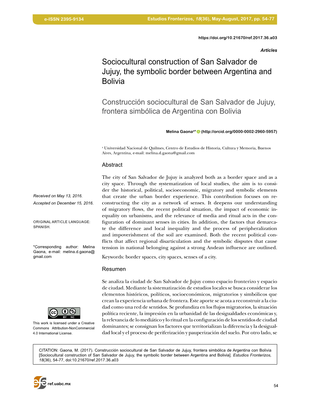 Sociocultural Construction of San Salvador De Jujuy, the Symbolic Border Between Argentina and Bolivia