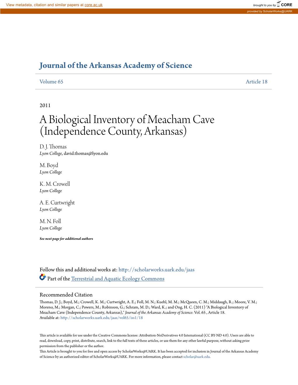 A Biological Inventory of Meacham Cave (Independence County, Arkansas) D