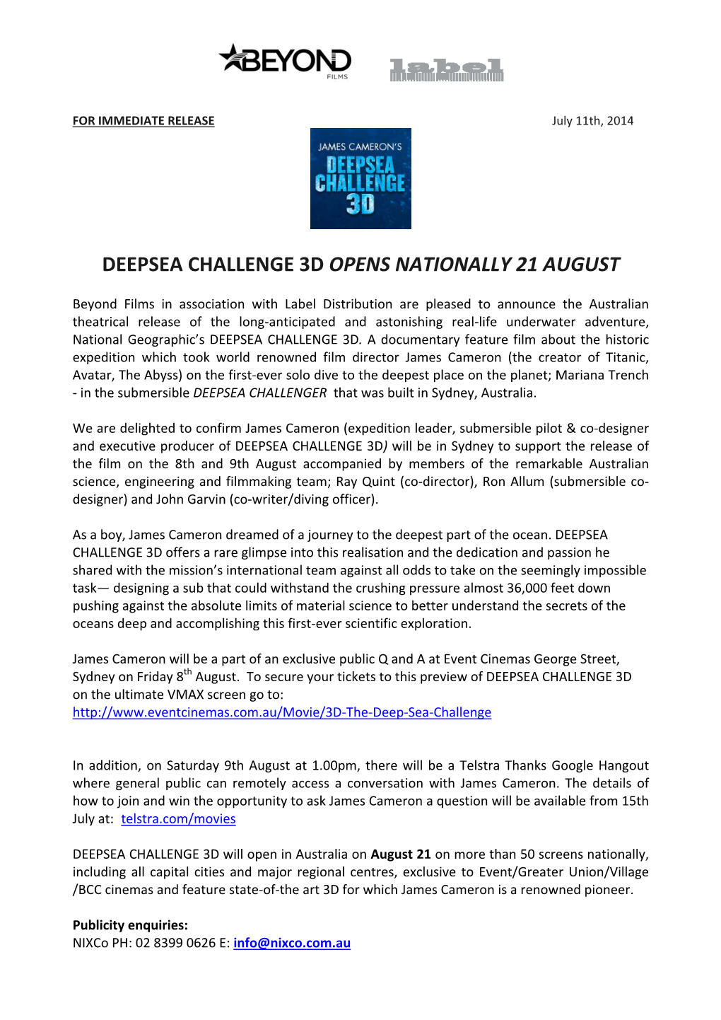 Deepsea Challenge 3D Opens Nationally 21 August