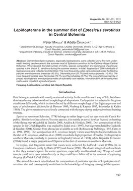 Lepidopterans in the Summer Diet of Eptesicus Serotinus in Central Bohemia