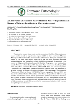 Formosan Entomologist Journal Homepage: Entsocjournal.Yabee.Com.Tw
