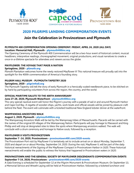 2020 PILGRIMS LANDING COMMEMORATION EVENTS Join the Celebration in Provincetown and Plymouth