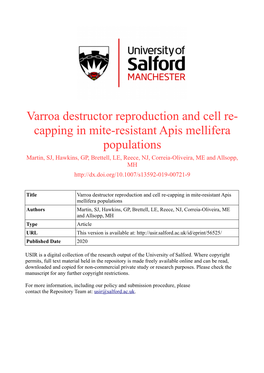 Varroa Destructor Reproduction and Cell Re-Capping in Mite-Resistant
