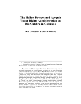 The Hallett Decrees and Acequia Water Rights Administration on Rio Culebra in Colorado