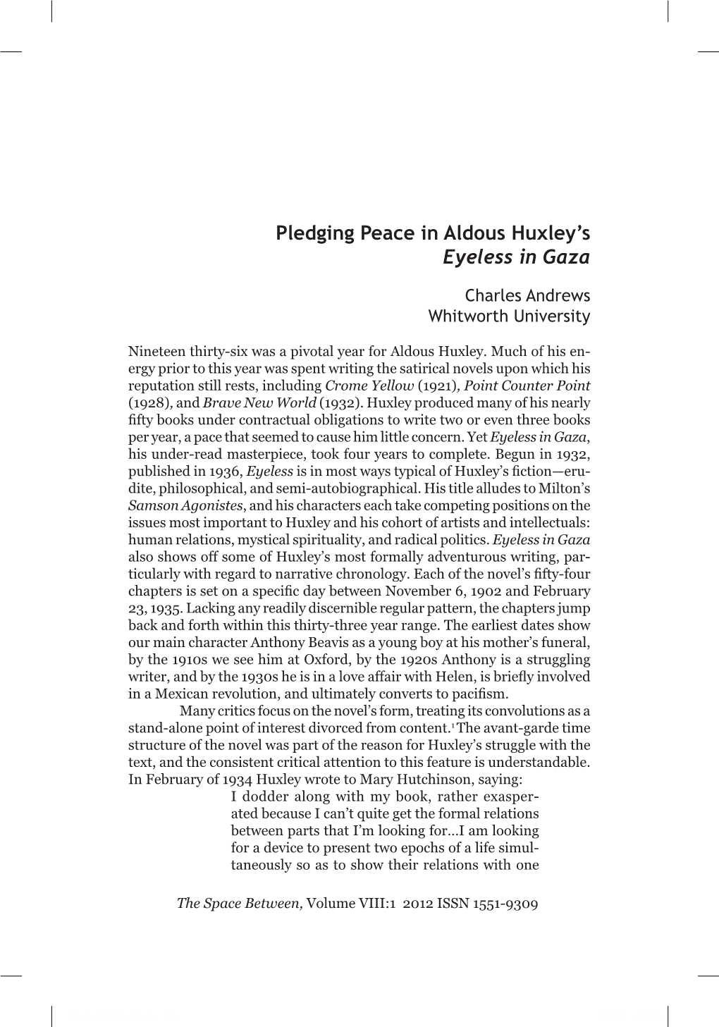 Pledging Peace in Aldous Huxley's Eyeless in Gaza