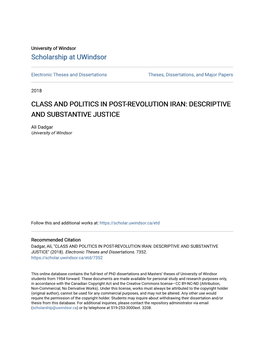 Class and Politics in Post-Revolution Iran: Descriptive and Substantive Justice