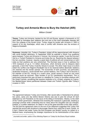 Turkey and Armenia Move to Bury the Hatchet (ARI)
