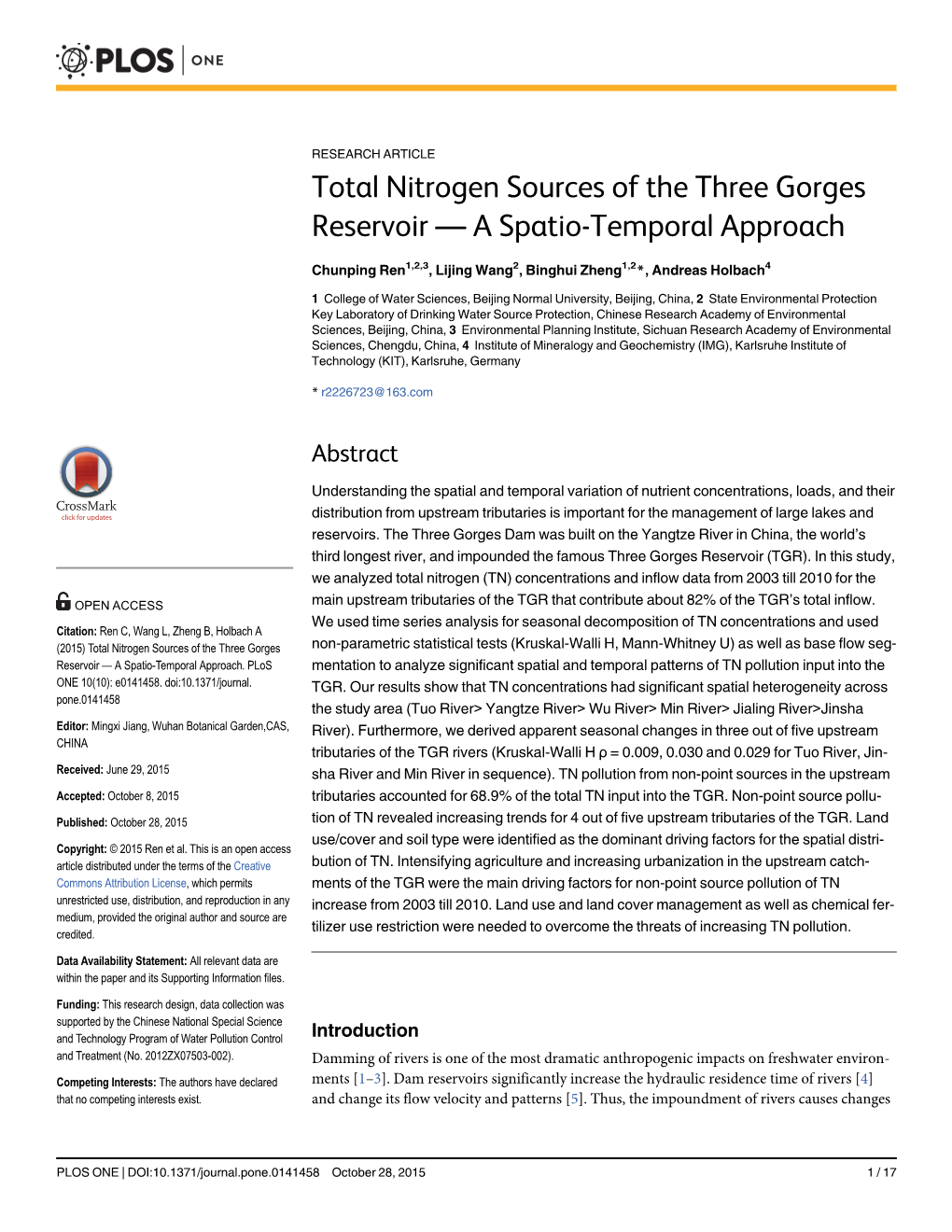 Total Nitrogen Sources of the Three Gorges Reservoir — a Spatio-Temporal Approach