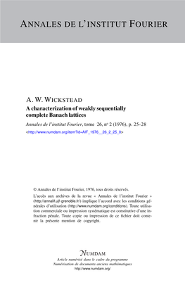 A Characterization of Weakly Sequentially Complete Banach Lattices Annales De L’Institut Fourier, Tome 26, No 2 (1976), P
