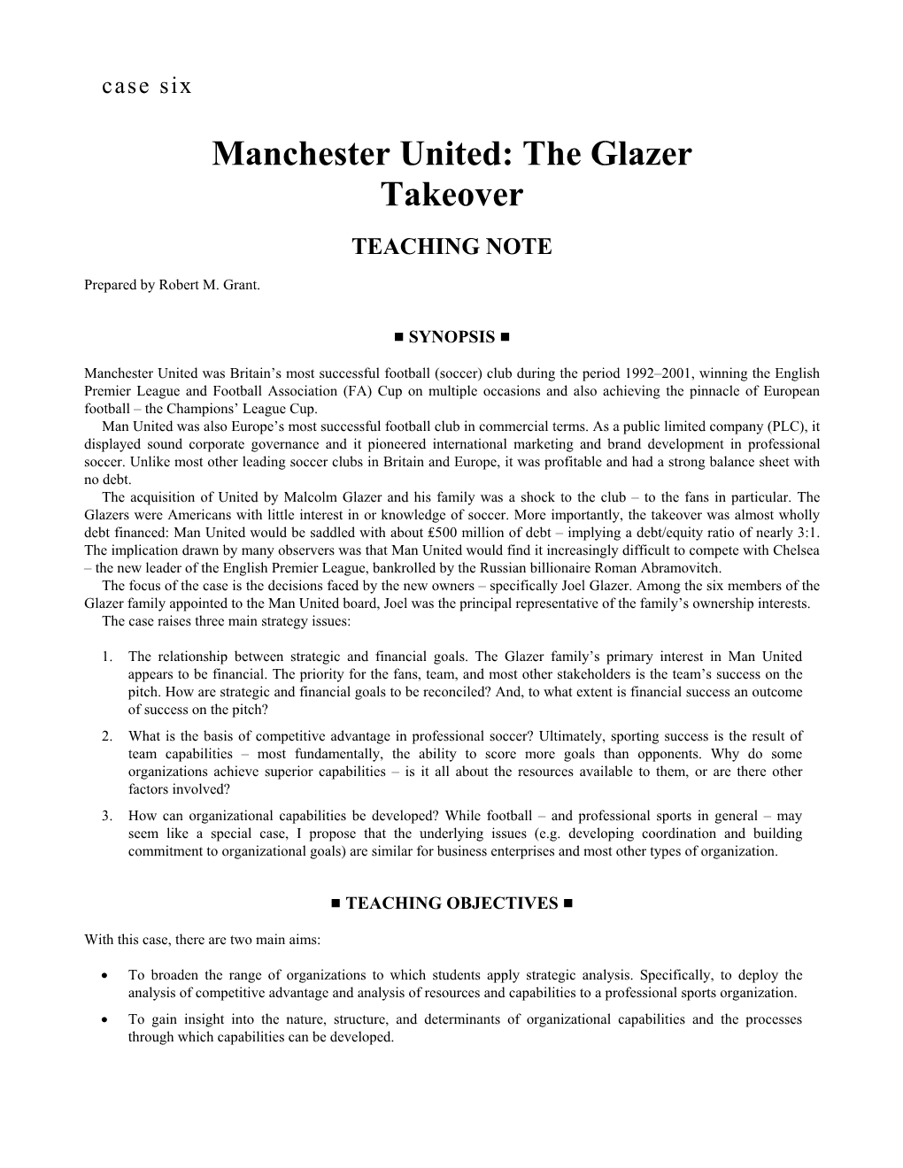 Manchester United: the Glazer Takeover TEACHING NOTE