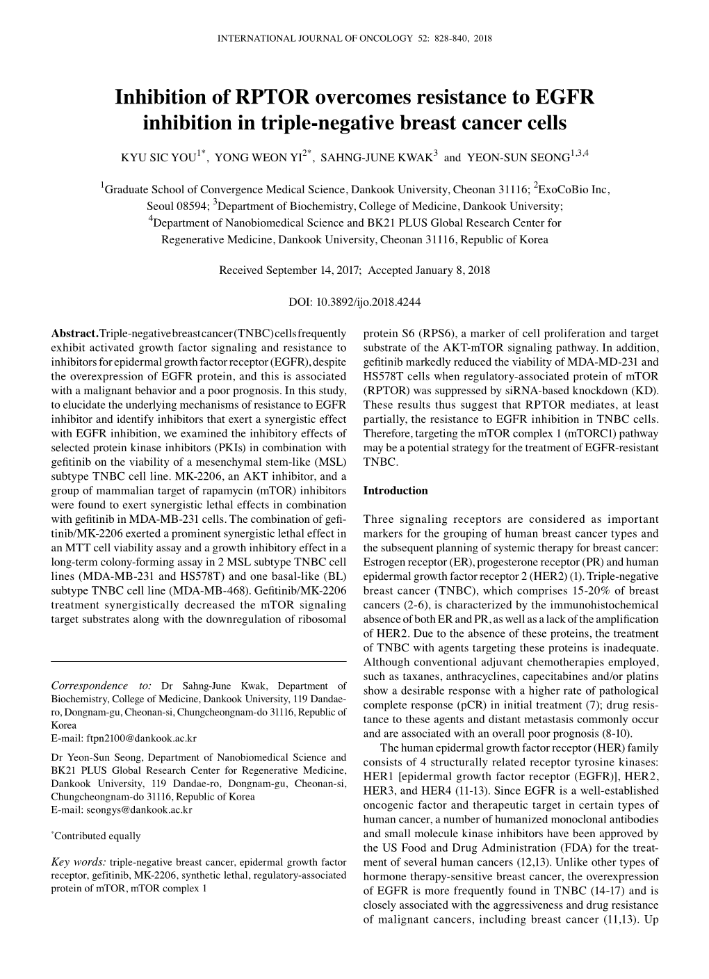 Inhibition of RPTOR Overcomes Resistance to EGFR Inhibition in Triple-Negative Breast Cancer Cells