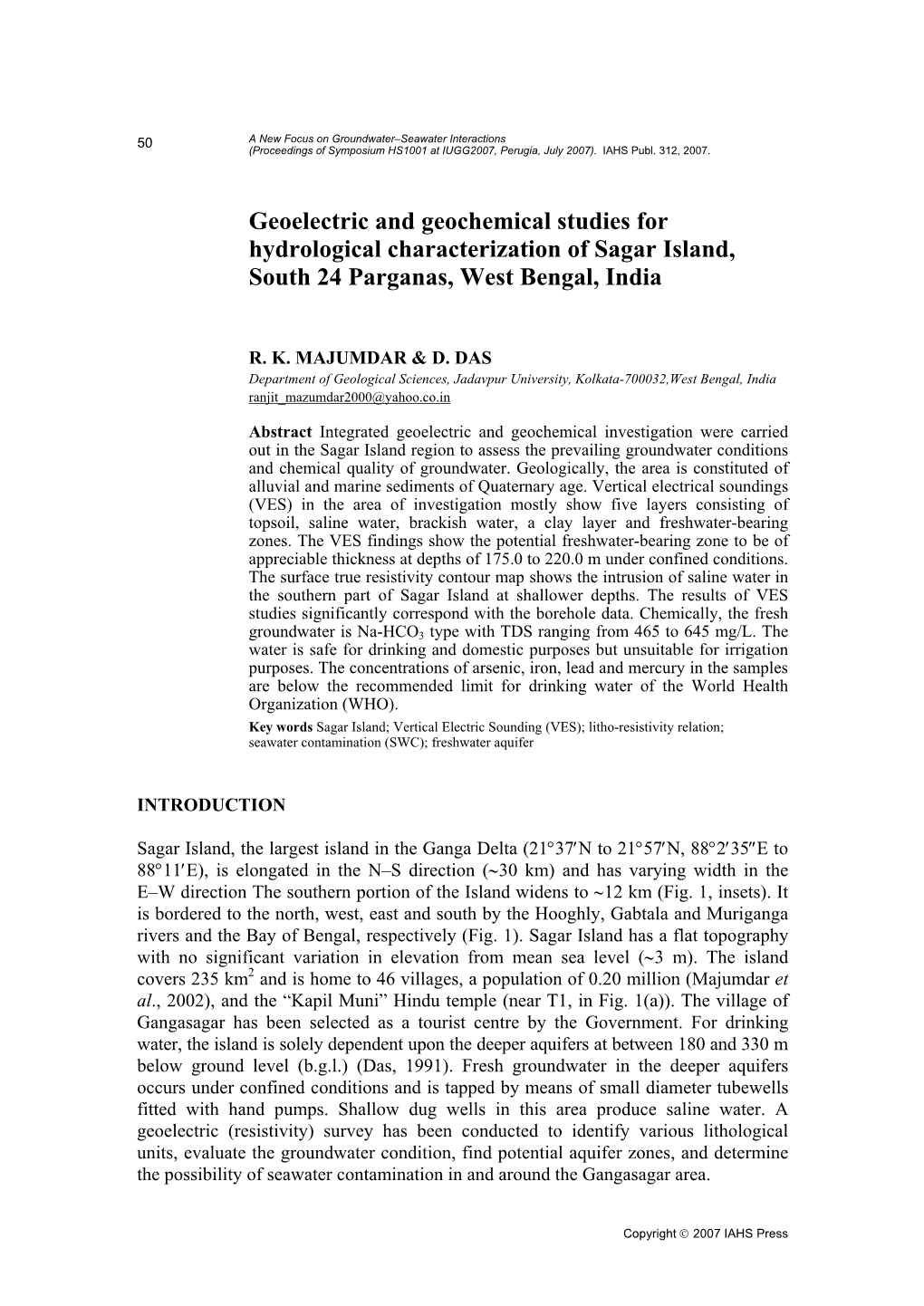 Geoelectric and Geochemical Studies for Hydrological Characterization of Sagar Island, South 24 Parganas, West Bengal, India