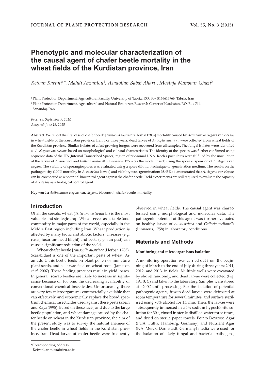 Phenotypic and Molecular Characterization of the Causal Agent of Chafer Beetle Mortality in the Wheat Fields of the Kurdistan Province, Iran