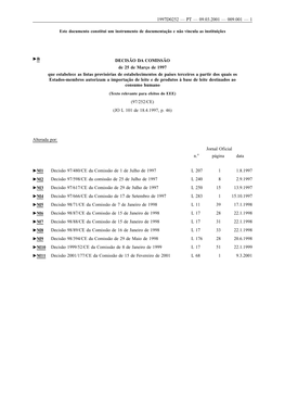 DECISÃO DA COMISSÃO De 25 De Março De 1997 Que Estabelece As Listas Provisórias De Estabelecimentos De Países Terceiros