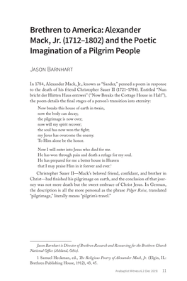 Brethren to America: Alexander Mack, Jr. (1712–1802) and the Poetic Imagination of a Pilgrim People