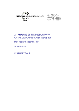 An Analysis of the Productivity of the Victorian Water Industry