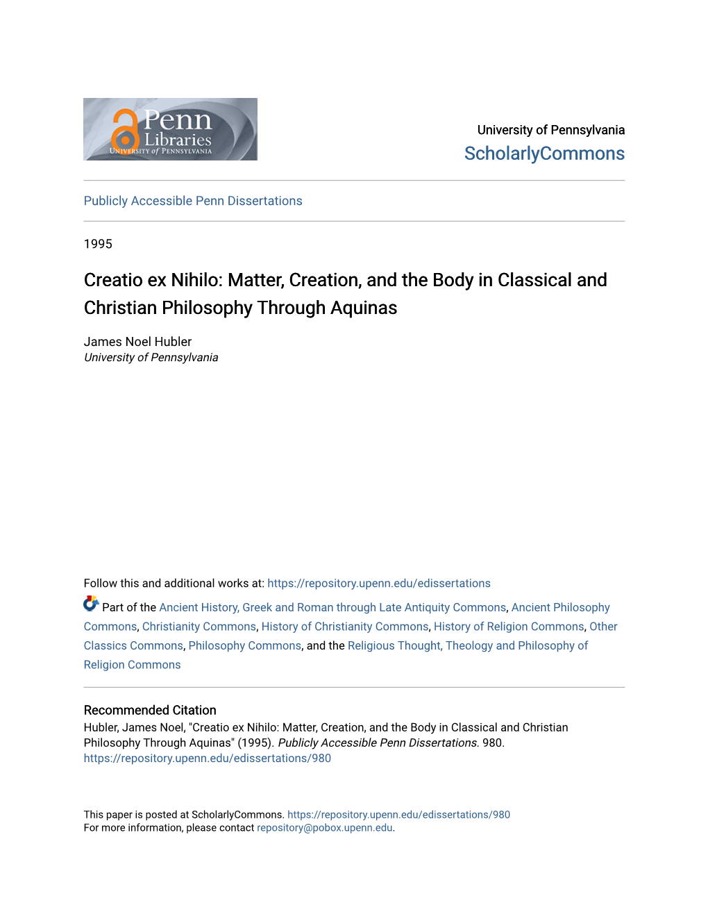 Creatio Ex Nihilo: Matter, Creation, and the Body in Classical and Christian Philosophy Through Aquinas