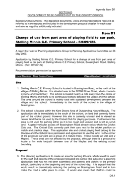 Item D1 Change of Use from Part Area of Playing Field to Car Park, Stelling Minnis C.E