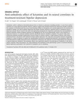 Anti-Anhedonic Effect of Ketamine and Its Neural Correlates in Treatment-Resistant Bipolar Depression