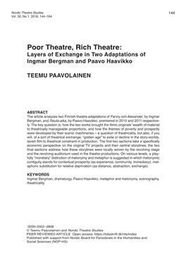 Poor Theatre, Rich Theatre: Layers of Exchange in Two Adaptations of Ingmar Bergman and Paavo Haavikko