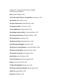 Notable 20Th Century Novels Written in English. Sorted by Year Published