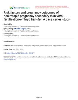 Risk Factors and Pregnancy Outcomes of Heterotopic Pregnancy Secondary to in Vitro Fertilization-Embryo Transfer: a Case Series Study