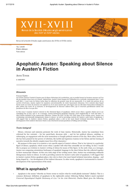 Apophatic Austen: Speaking About Silence in Austen’S Fiction