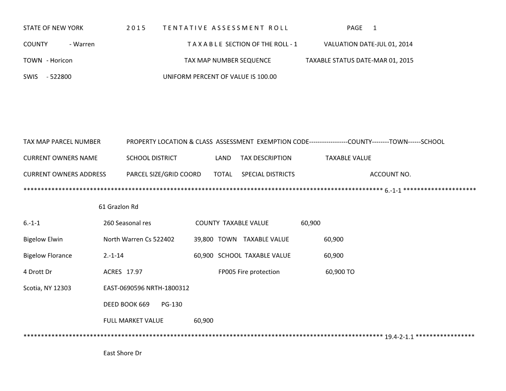 State of New York 2 0 1 5 T E N T a T I V E a S S E S S M E N T R O L L Page 1